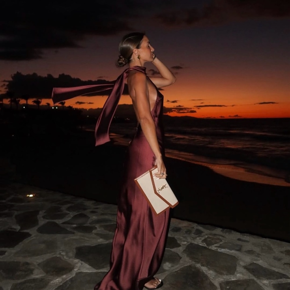 Zara maxi halter scarf satin Elegant Burgundy Brown  Evening Wedding Dress